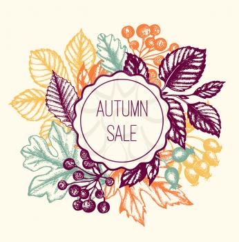 Autumn floral background with leaves and berries. Vintage vector hand drawn autumn banner for seasonal sale.