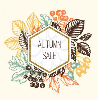 Autumn floral background with leaves and berries. Vintage vector golden glittering banner for seasonal autumn sale.