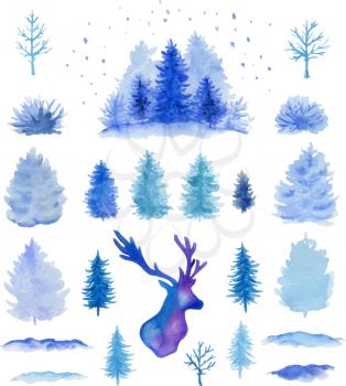 Set of blue hand drawn vector watercolor Christmas design elements on a white background. 
