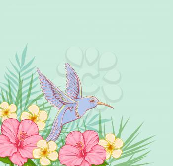 Tropical green background with pink flowers and flying bird