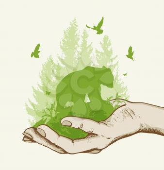 Green fir tree, bear and birds in the hand. Ecology concept. 