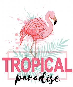 Pink flamingo and green palm leaves on a white background