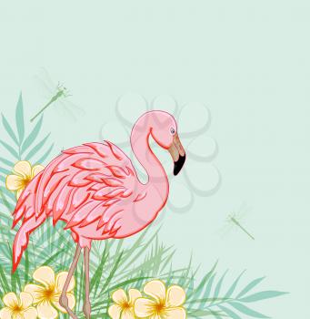 Tropical green background with pink flamingo and flowers
