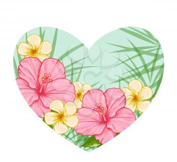 Green heart of tropical palm leaves and pink flowers on a white background