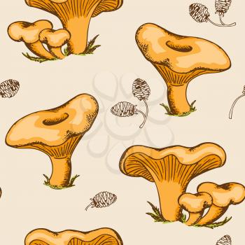 Vintage hand drawn vector seamless pattern with forest mushrooms