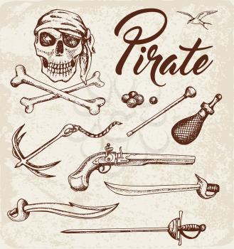 Set of vector vintage hand drawn weapons of pirates. Pirate design elements.