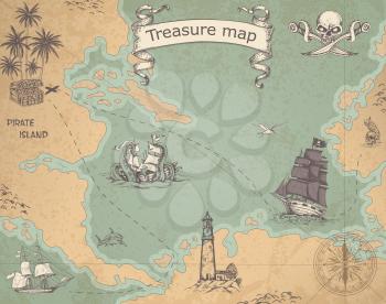 Vintage vector pirate map with sailing vessels. Ancient treasure map with ships and compass.