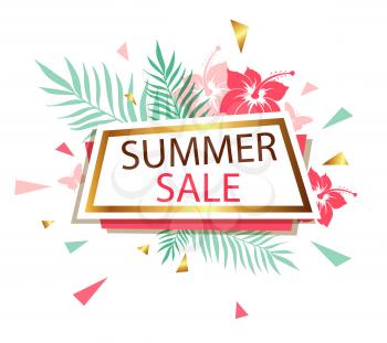 Abstract vector banner for seasonal summer sale with tropical flowers and green branch on a white background