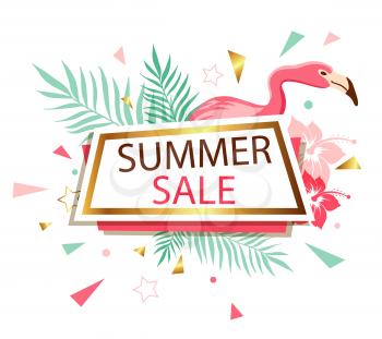 Abstract vector banner for seasonal summer sale with tropical flowers and pink flamingo on a white background