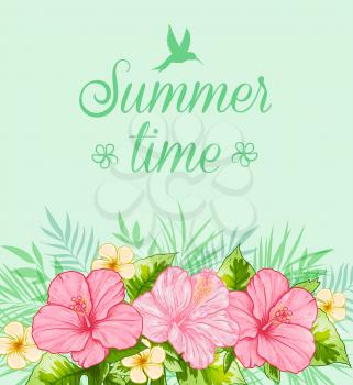 Tropical summer background with green leaves and pink flowers. 