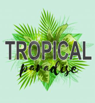Abstract triangle tropical background with green palm leaves. Tropical paradise lettering