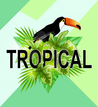 Green triangle with palm leaves and toucan bird. Abstract geometric tropical summer background.