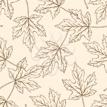 Autumn seamless pattern with falling maple leaves. Hand drawn vector fall background in vintage style.