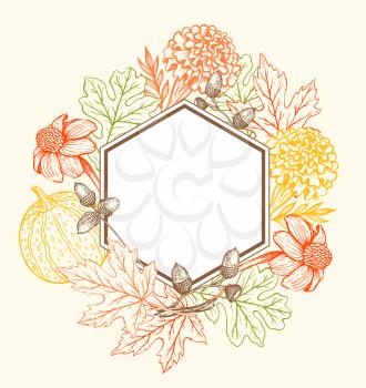 Autumn vector vintage background with orange maple leaves, flowers and pumpkin. Floral frame for seasonal fall sale. 