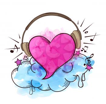Musical retro background with pink heart and headphones. Vector illustration with pink and blue watercolor texture