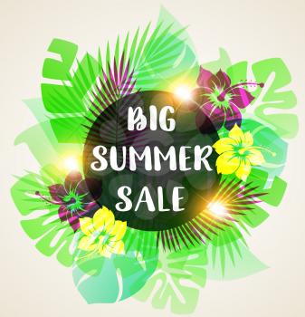 Summer floral vector tropical background with green palm leaves and pink flowers. Abstract banner for seasonal summer sale.