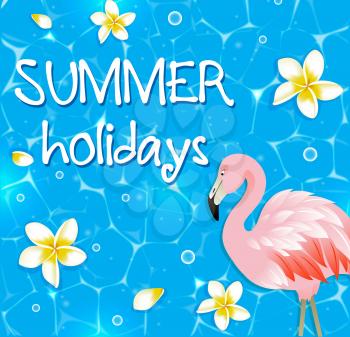 Blue vector summer background with tropical flowers in water and pink flamingo.