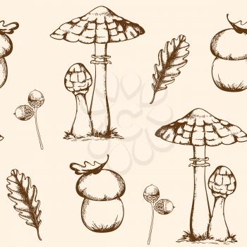 Vintage hand drawn vector seamless pattern with mushrooms, acorns and falling oak leaves