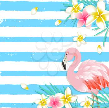 Blue summer vector tropical background with plumeria flowers, green palm leaves and pink flamingo. 