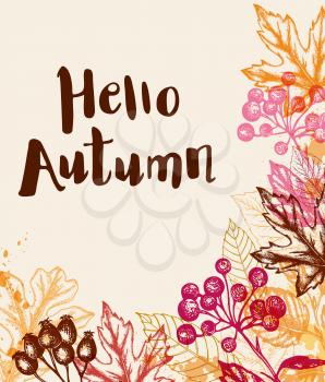 Vintage vector hand drawn autumn background with leaves and berry