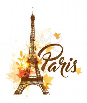 Vector background with Eiffel tower and autumn maple leaves