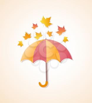 Autumn background with umbrella and orange maple leaves. Vector illustration.