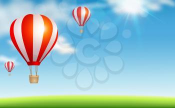 Background with red air balloons flying in the blue sky. Travel concept. Vector illustration.