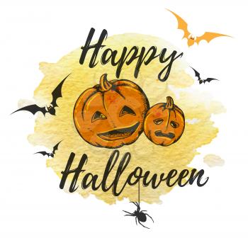 Halloween greeting card with orange pumpkins and yellow watercolor texture. Vector illustration.
