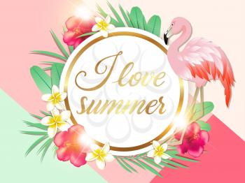 Abstract summer tropical background with green palm leaves, pink flamingo and red hibiscus flowers. I love summer lettering. 