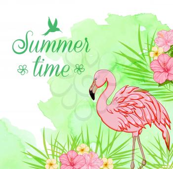 Summer tropical background with palm leaves, pink flamingo and green watercolor texture. Summer time lettering. 