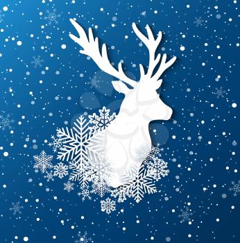 New year and Christmas background with paper silhouette of deer and snowflakes. Vector illustration.