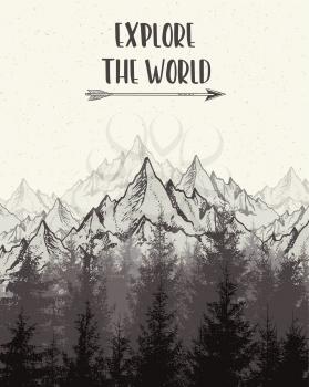 Nature landscape with mountains and fir tree. Vintage travel background. Vector illustration