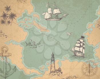 Vintage vector marine map with sailing vessels. Ancient map with ships and compass.