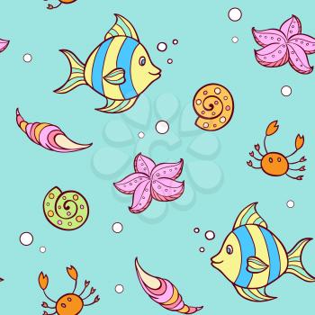 Doodle summer marine seamless pattern with fish and sea shells. Vector illustration.