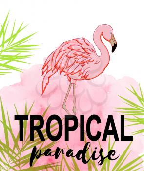 Summer tropical background with green palm leaves and pink flamingo. Hand drawn vector illustration with pink watercolor texture