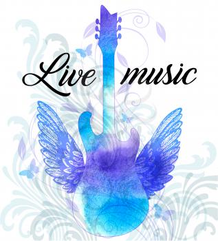 Vintage vector rock music poster with blue watercolor guitar, wings and floral ornament. Live music lettering.