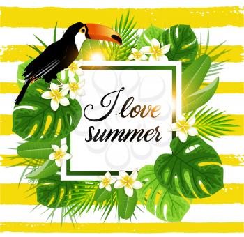 Tropical background with palm leaves and toucan bird. Abstract yellow striped tropical summer banner.
