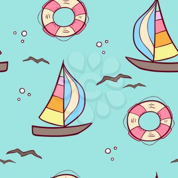 Doodle seamless pattern with sailing ship and lifebuoy on a green background. Vector illustration.