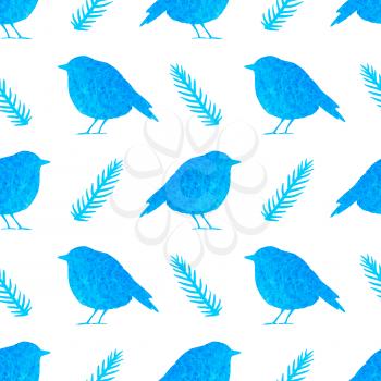 Watercolor seamless pattern with blue birds on a white background. Vector illustration.