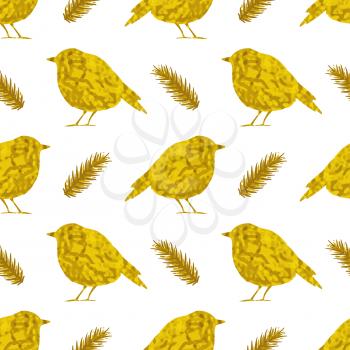 Festive seamless pattern with golden birds on a white background. Vector illustration.