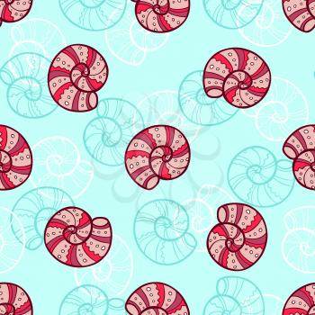 Marine seamless pattern with sea shells on a green background. Hand drawn vector illustration.