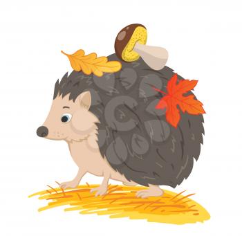 Cute forest hedgehog with autumn leaves and mushroom on a white background. Vector illustration