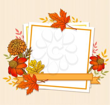 Autumn vector vintage background with orange maple leaves, flowers and white sheet of paper. Floral frame for seasonal fall sale. 