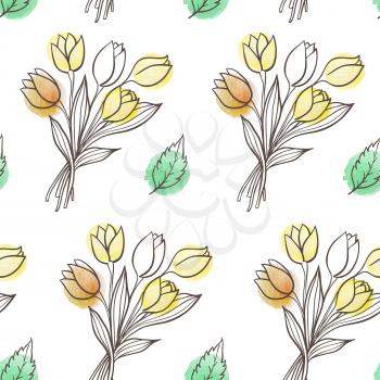 Hand drawn doodle spring floral seamless pattern with leaves and tulip flowers. Decorative vector background