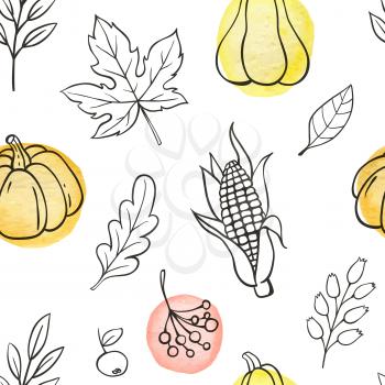 Autumn doodle seamless pattern with pumpkins and leaves on a white background. Hand drawn vector illustration with watercolor elements.