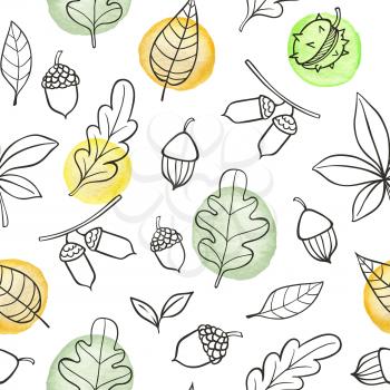 Autumn doodle seamless pattern with oak leaves and acorns on a white background. Hand drawn vector illustration with watercolor elements.