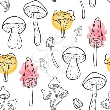 Autumn doodle seamless pattern with forest mushrooms on a white background. Hand drawn vector illustration with watercolor elements.