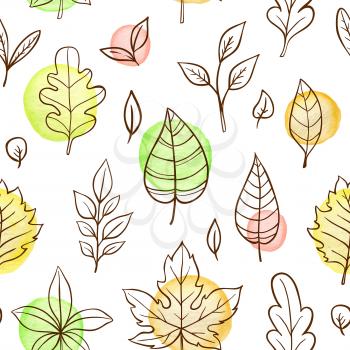 Autumn doodle seamless pattern with falling leaves on a white background. Hand drawn vector illustration with watercolor elements.