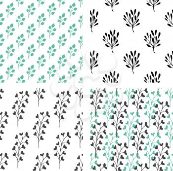 Set of decorative vector seamless patterns with green and black florals on a white background