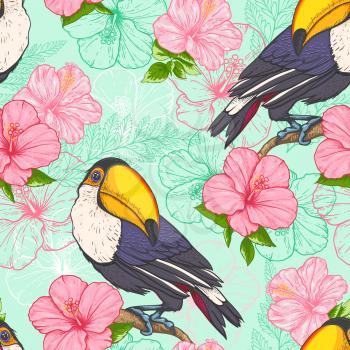 Tropical seamless pattern with toucan and flowers on a green background. Hand drawn vector illustration.